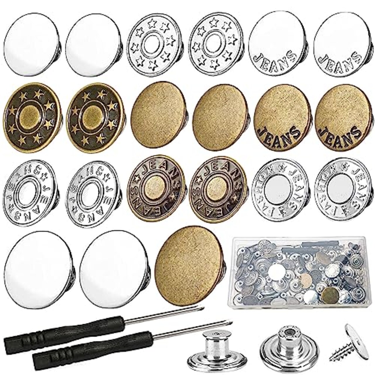 60 Sets Jean Buttons Pins, 17mm and 20mm No-Sew Removable Metal
